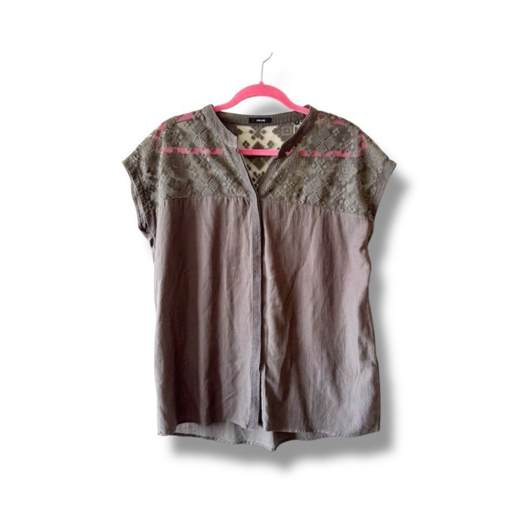 OPUS Italy Short Sleeve Flax Popover Top With Lace Detail Collar Dark Gray 40